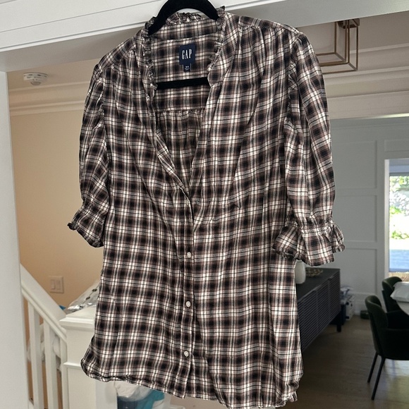 GAP Brown, Black, & Ivory/Cream Plaid Crinkle Gauze Puff Sleeve Shirt - Size XL - Picture 6 of 13